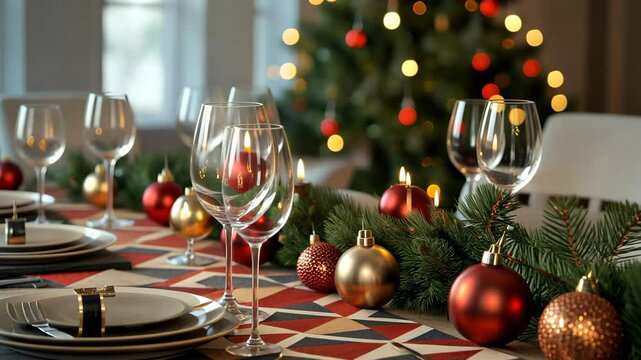 Geometric patterns on a festive table runner, with sharp, angular shapes creating a modern holiday look. . Video