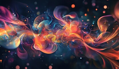 An abstract representation of quantum entanglement, with vibrant colors and dynamic shapes