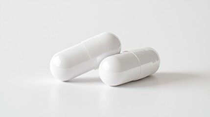 Close up view of two white tablet capsules against a white backdrop