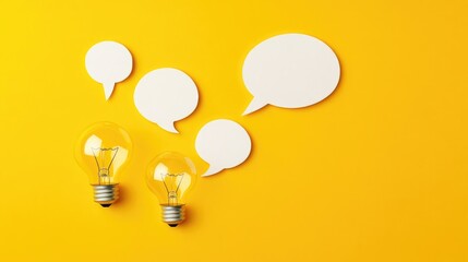Paper speech bubbles and light bulb icon on a bright yellow background