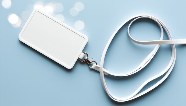 White lanyard and plastic badge with blank space mock up on blue background. Blank badge mockup