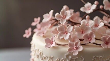 Obraz premium A white cake adorned with delicate pink floral decorations