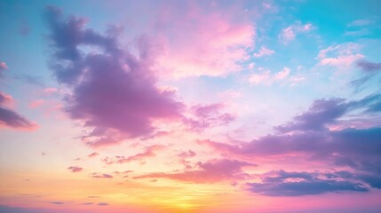 Obraz premium Dramatic twilight sky featuring a stunning panoramic horizon with colorful clouds Natural background texture showcasing a beautiful sky at sunset