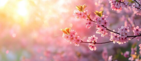 Blossoming Cherry Trees In Spring Sakura Branches With Sunlight Nature Background
