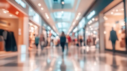Blurred image capturing a diverse group of individuals shopping in a contemporary retail environment or shopping mall