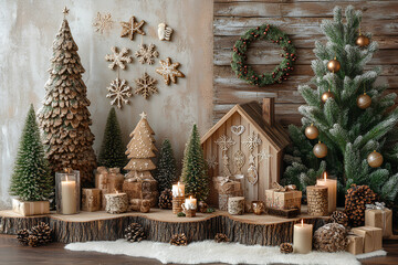 Fototapeta premium 3D Christmas setup with gingerbread, pine, and holiday decor on rustic wood