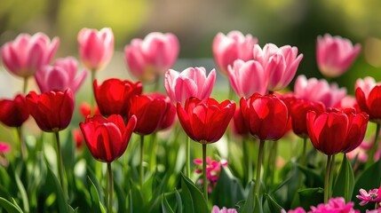 Bright Flower Bed Filled with Red and Pink Blossoms