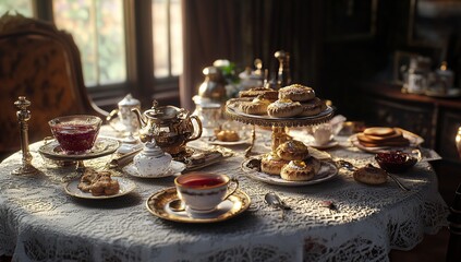 Fototapeta premium An elegant tea table set with an array of Victorian-era cookies