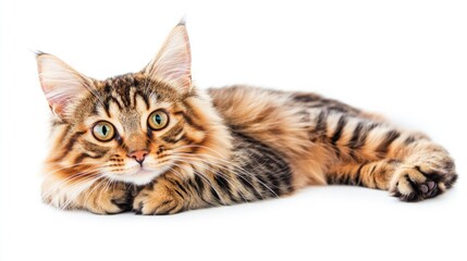 Obraz premium Fluffy Bengal cat with orange and black stripes on a white background showcasing its beauty as a pet