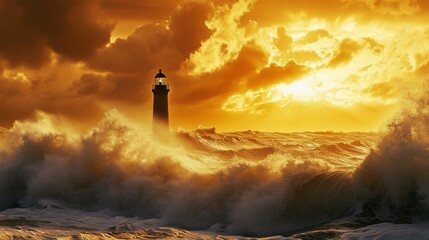 Obraz premium A lone lighthouse stands strong against powerful waves crashing in a dramatic golden sunset.