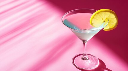 Refreshing martini with a slice of lemon on a vibrant pink backdrop