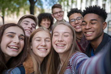 Fototapeta premium Group of multiracial teenagers taking a selfie outdoors