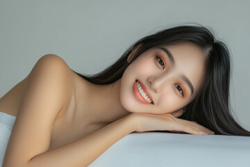 Obraz premium radiant portrait of young woman with long hair, showcasing natural and fresh look, perfect for cosmetics and skincare advertisement. Her warm smile and soft features convey sense of beauty and