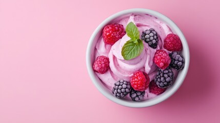 Berry Yogurt Delight in a White Bowl on a Pink Backdrop