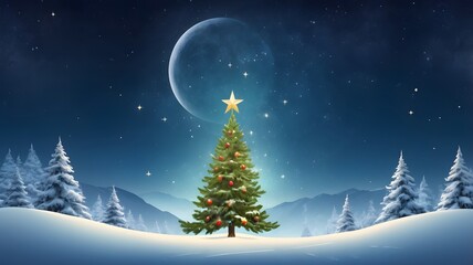 Silhouetted trees stand tall against a starlit sky, casting long shadows across a moonlit winter landscape