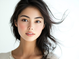 Fototapeta premium captivating beauty portrait of Asian woman with flowing hair, showcasing fresh and radiant look ideal for cosmetics and skincare advertisements