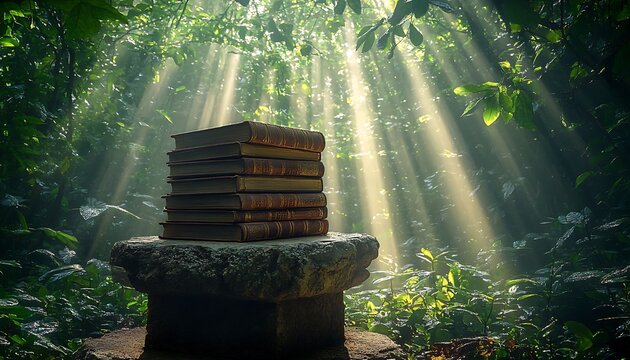 A stack of ancient books on a stone pedestal in the middle of a lush forest clearing rays of light breaking through trees - Powered by Adobe