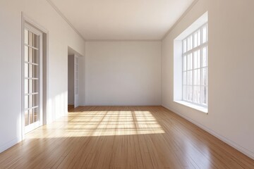 Sunlit empty room with large windows, white walls, and hardwood floors, perfect for interior design projects or real estate listings.