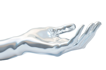 An elegant abstract representation of a woman’s hand in metallic silver, poised gracefully against a pristine white background, highlighting modern artistry and style.