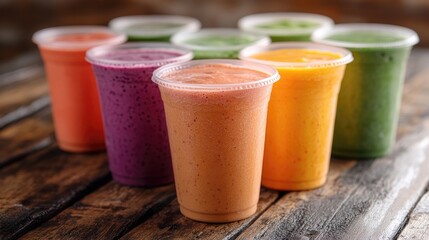 Delicious smoothies served in plastic cups on a rustic wooden table