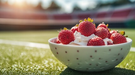 A bowl of fresh strawberries and cream resting on a tennis court with a blurred tennis stadium in the background