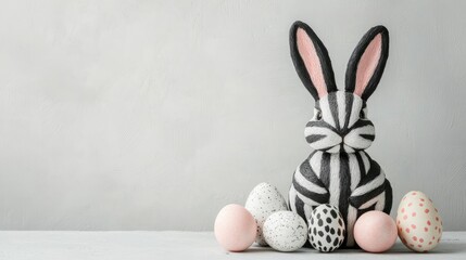 Black and white striped Easter bunny decoration alongside decorative eggs on a light background