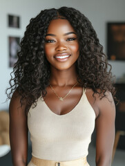 confident and radiant woman with curly hair smiles warmly, embodying beauty and wellness. Her joyful expression reflects health and positivity