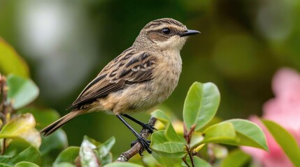 Fototapeta premium Female Pied Bushchat perched on azalea leaves