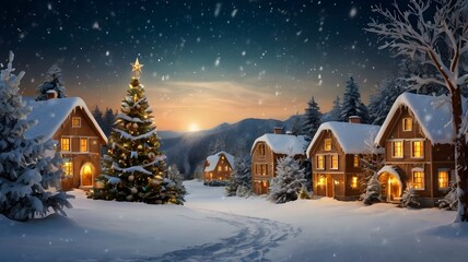 Fototapeta premium Winter wonderland with cozy houses nestled amidst snow-kissed landscapes
