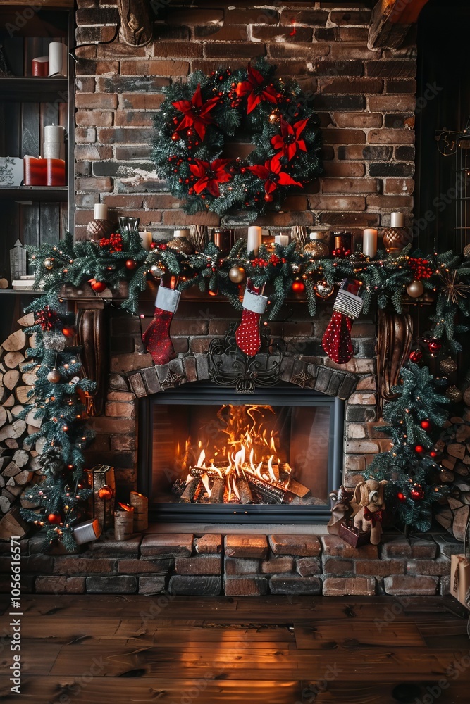 Wall mural Festive fireplace scene with blank space for holiday wishes.