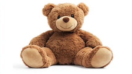 A cheerful large brown teddy bear is positioned on the ground against a white background