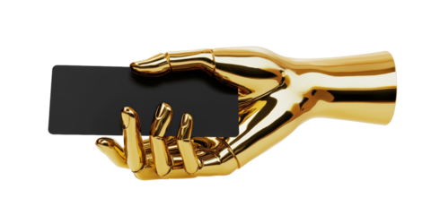 A striking 3D render of a golden mannequin hand clutching a matte black card, highlighting sophistication and modernity in finance and luxury branding.