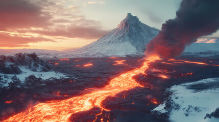 Molten lava flows through snowy landscape at the foot of a majestic mountain under a clear sky. Lava Flow. Illustration