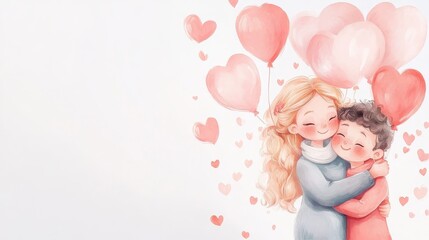 Naklejka premium A woman and a man are hugging each other and surrounded by many pink balloons