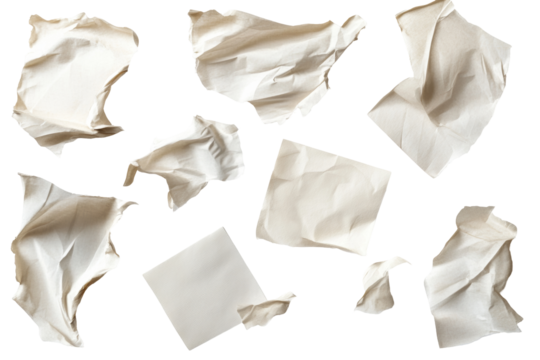 A collection of scattered papers in various orientations, isolated on a clean white background, creating an interesting composition that highlights chaos and creativity.