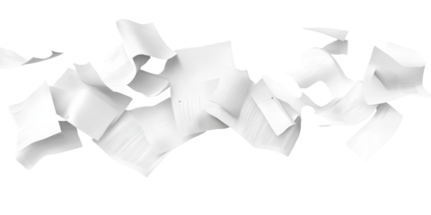 A detailed representation of scattered papers in a casual, overlapping arrangement, set against a pure white background, highlighting the charm of everyday documentation.