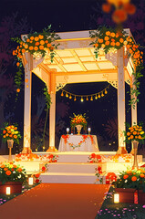Fototapeta premium Intricately decorated mandap with marigold and rose garlands, representing the sacred wedding space.