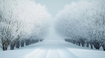 Obraz premium Frosty trees arching over a snowdusted path, pale morning light filtering through the branches, serene and untouched Snowy archway, winter path