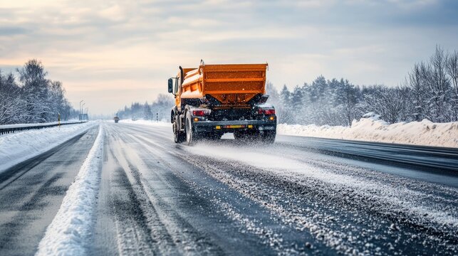 Highway maintenance truck applying salt on a snowy road Snow removal vehicle ensuring safety in winter weather conditions