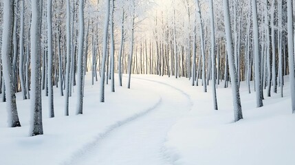 Snowcovered trail curving through a forest of icy trees, pale light shimmering through the wintry foliage, peaceful atmosphere Frosty forest, serene path