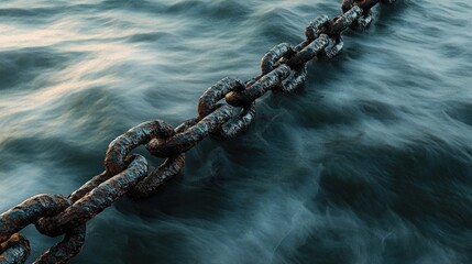 Aged corroded chains resting on the undulating surface of the sea creating reflections