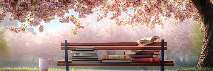 A tranquil park bench under a blossoming tree a stack of books resting next to a coffee cup