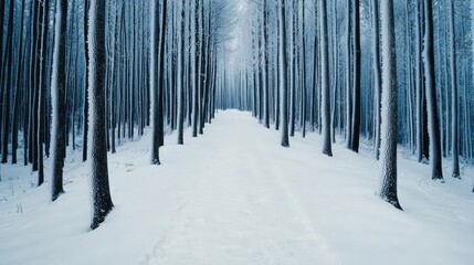 Tranquil winter path in a dense forest of snowdusted trees, the scene bathed in soft winter light, evoking solitude and peace Winter solitude, frosty trail
