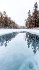 Obraz premium Winter forest scene with a frozen pond, snowcovered trees reflected in the icy surface, creating a mirrorlike effect Frozen pond, winter reflection