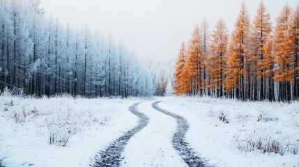 Winding trail through a silent winter forest, trees dusted with snow under a pale gray sky, peaceful and quiet atmosphere Winter trail, serenity