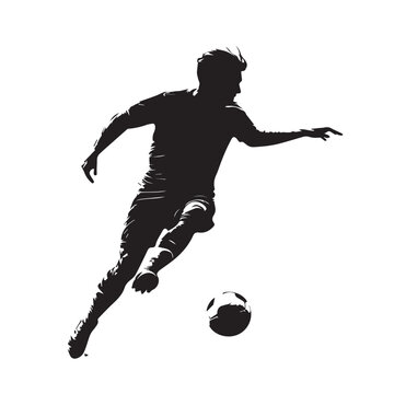recommend clip art: Football player kicking ball, isolated vector silhouette. Soccer logo
