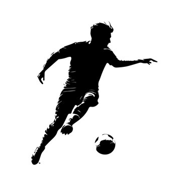 recommend clip art: Football player kicking ball, isolated vector silhouette. Soccer logo