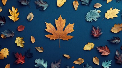 A blue backdrop featuring a central leaf surrounded by various scattered leaves