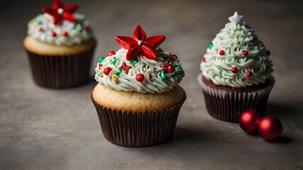 Colorful Christmas cupcakes with sprinkles, frosting, and festive decorations make a sweet holiday treat
