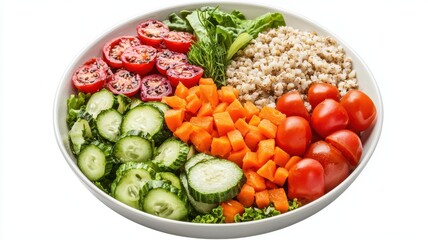 Colorful salad bowl filled with fresh vegetables and grains, white isolate background. Flexitarian food concept